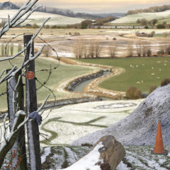 A view of Brede Valley, including barbed wire and a traffic cone by Emily Allchurch. Currently on show at the Lucy Bell Gallery